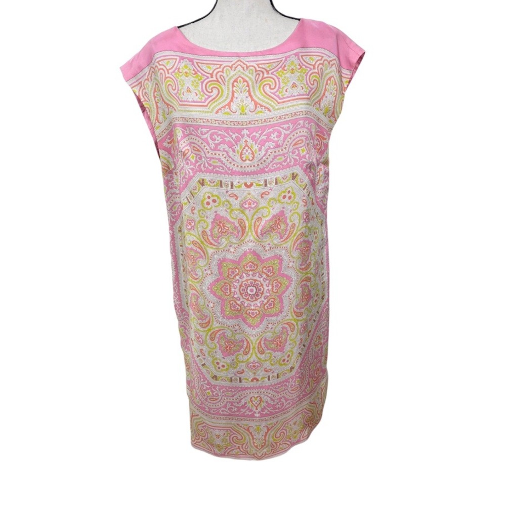 J.McLaughlin Shift Dress Womens L Pink Paisley Medallion Sleeveless Boat Neck